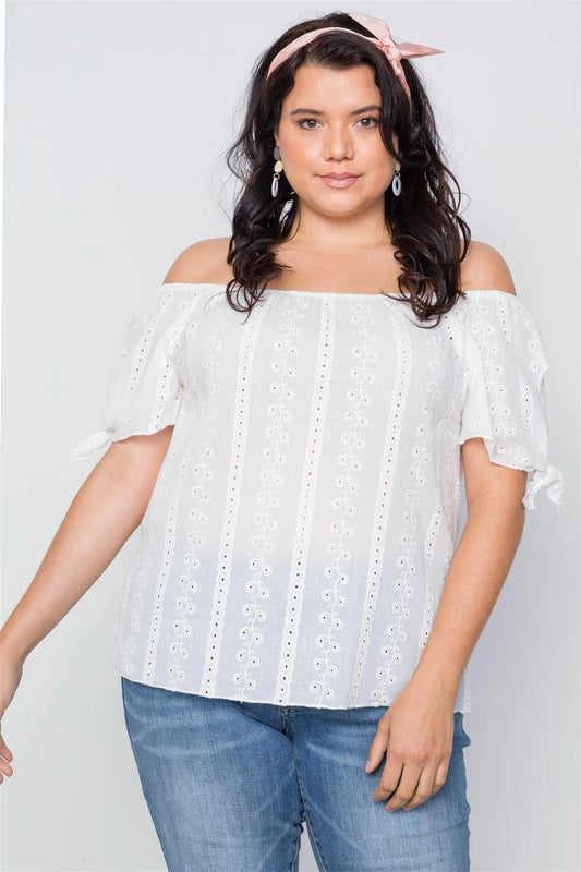 Plus Size Off White Off-The-Shoulder Embroidery Boho Top /2-2-2 - Tasha Apparel Wholesale