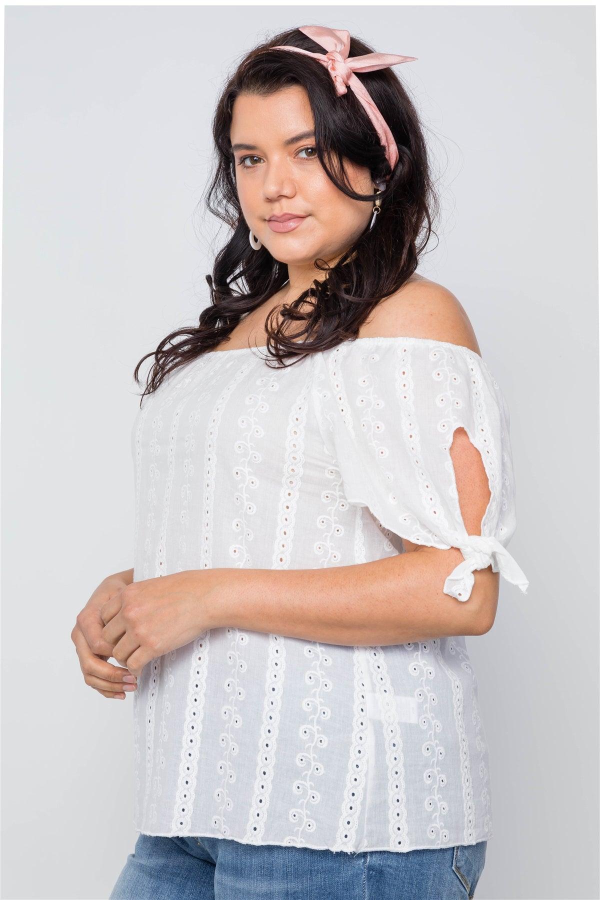 Plus Size Off White Off-The-Shoulder Embroidery Boho Top /2-2-2