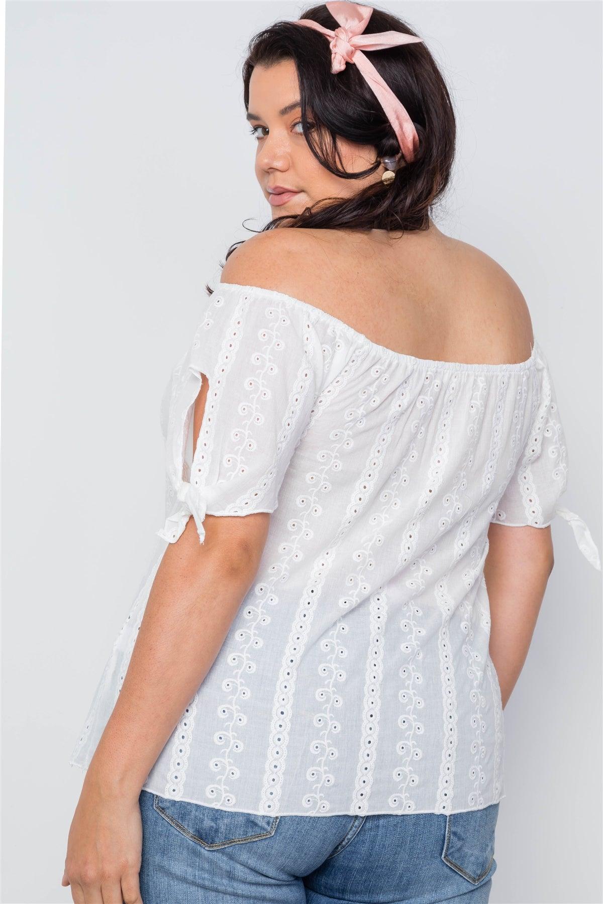 Plus Size Off White Off-The-Shoulder Embroidery Boho Top /2-2-2