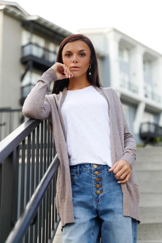 Mocha Knit Open Front Shawl Neck Cardigan /2-2-2-2 - Tasha Apparel Wholesale