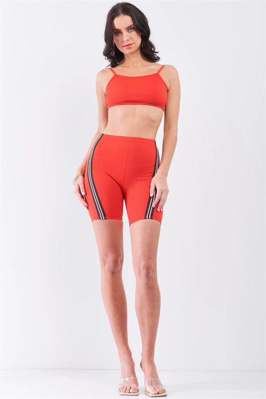 Crimson Red Striped Detail Ribbed Open Back Sleeveless Top & High Waist Biker Shorts Set /3-2 - Tasha Apparel Wholesale