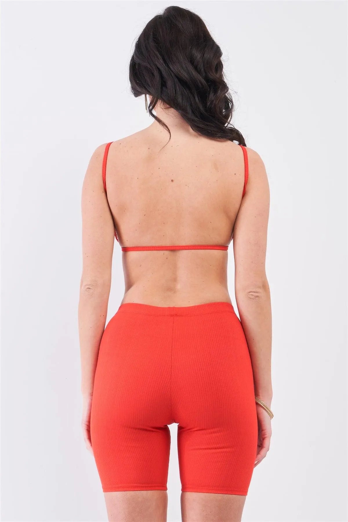 Crimson Red Striped Detail Ribbed Open Back Sleeveless Top & High Waist Biker Shorts Set /3-2 - Tasha Apparel Wholesale