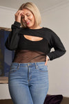 Junior Plus Black Raw Hem Long Sleeve Crop Overtop & Beach Net Sheer Bodysuit Two-Piece Set /2-2-2 - Tasha Apparel Wholesale