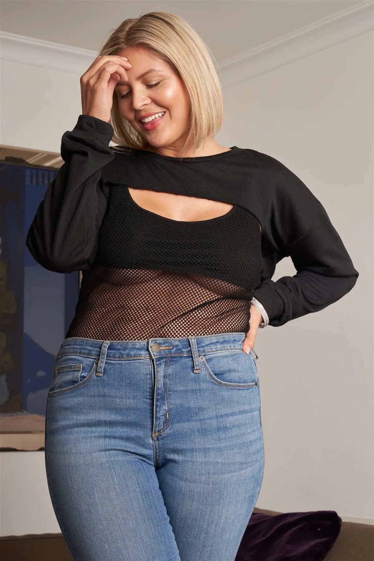Junior Plus Black Raw Hem Long Sleeve Crop Overtop & Beach Net Sheer Bodysuit Two-Piece Set /2-2-2 - Tasha Apparel Wholesale
