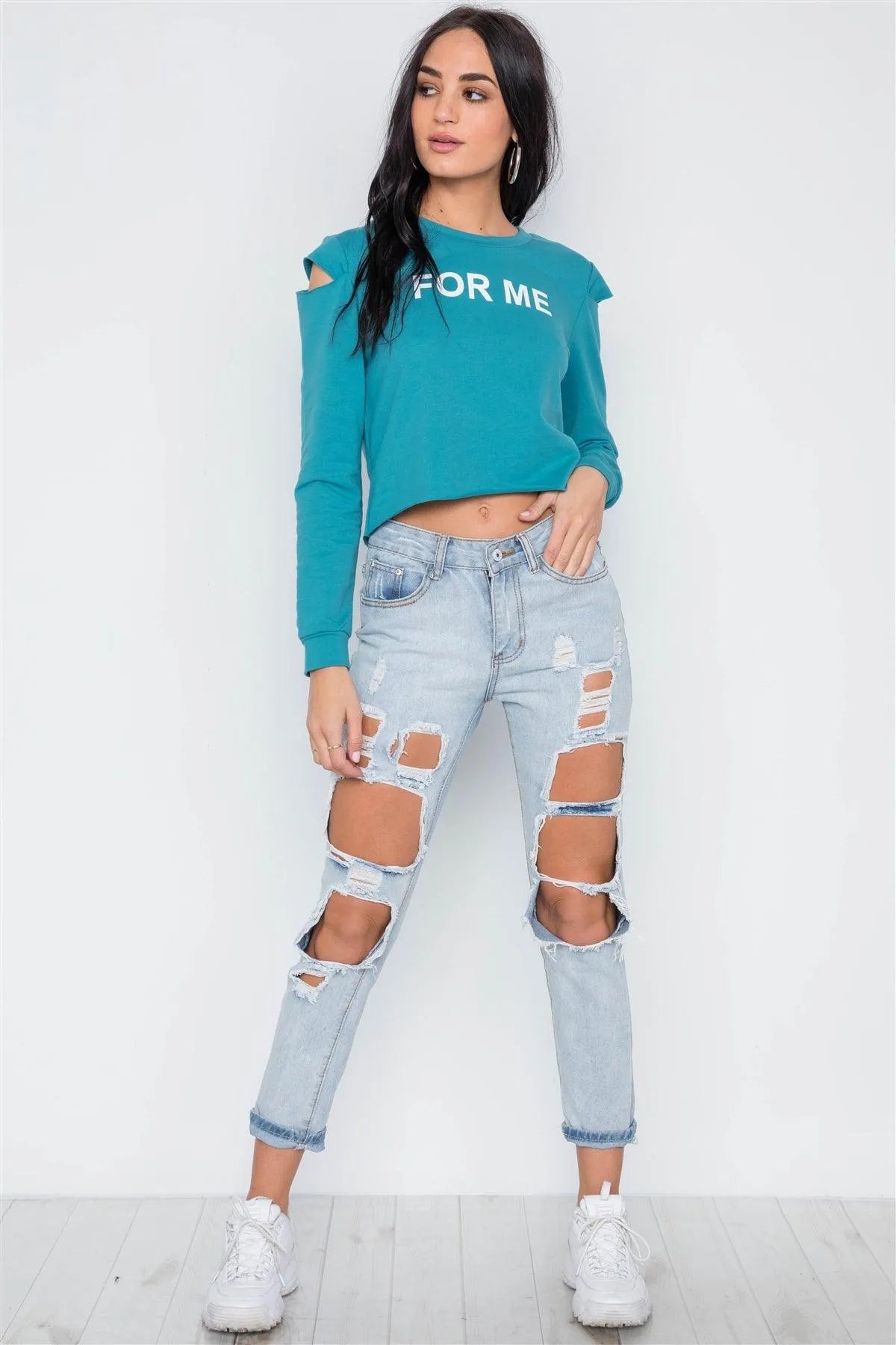 Blue Turquoise Cold Shoulder Long Sleeve Graphic Top /1-2 - Tasha Apparel Wholesale