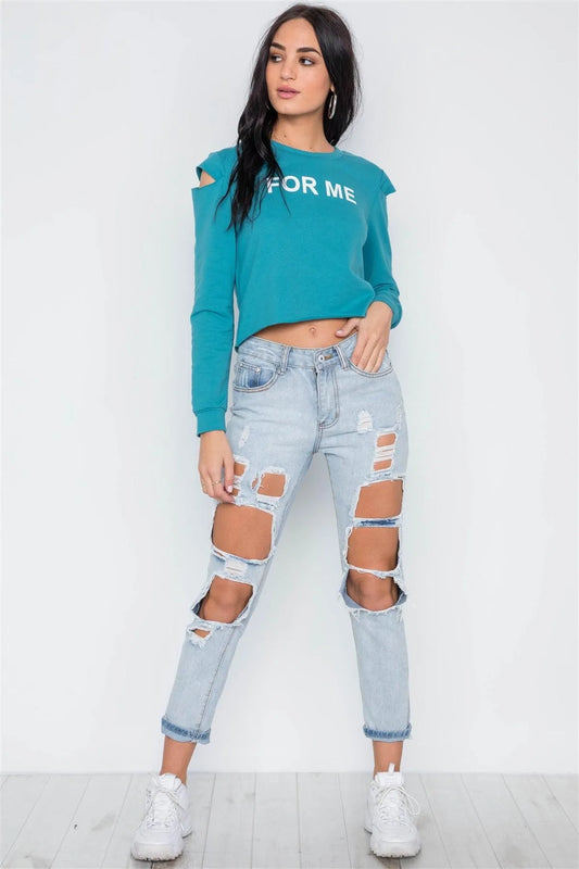 Blue Turquoise Cold Shoulder Long Sleeve Graphic Top /1-2 - Tasha Apparel Wholesale