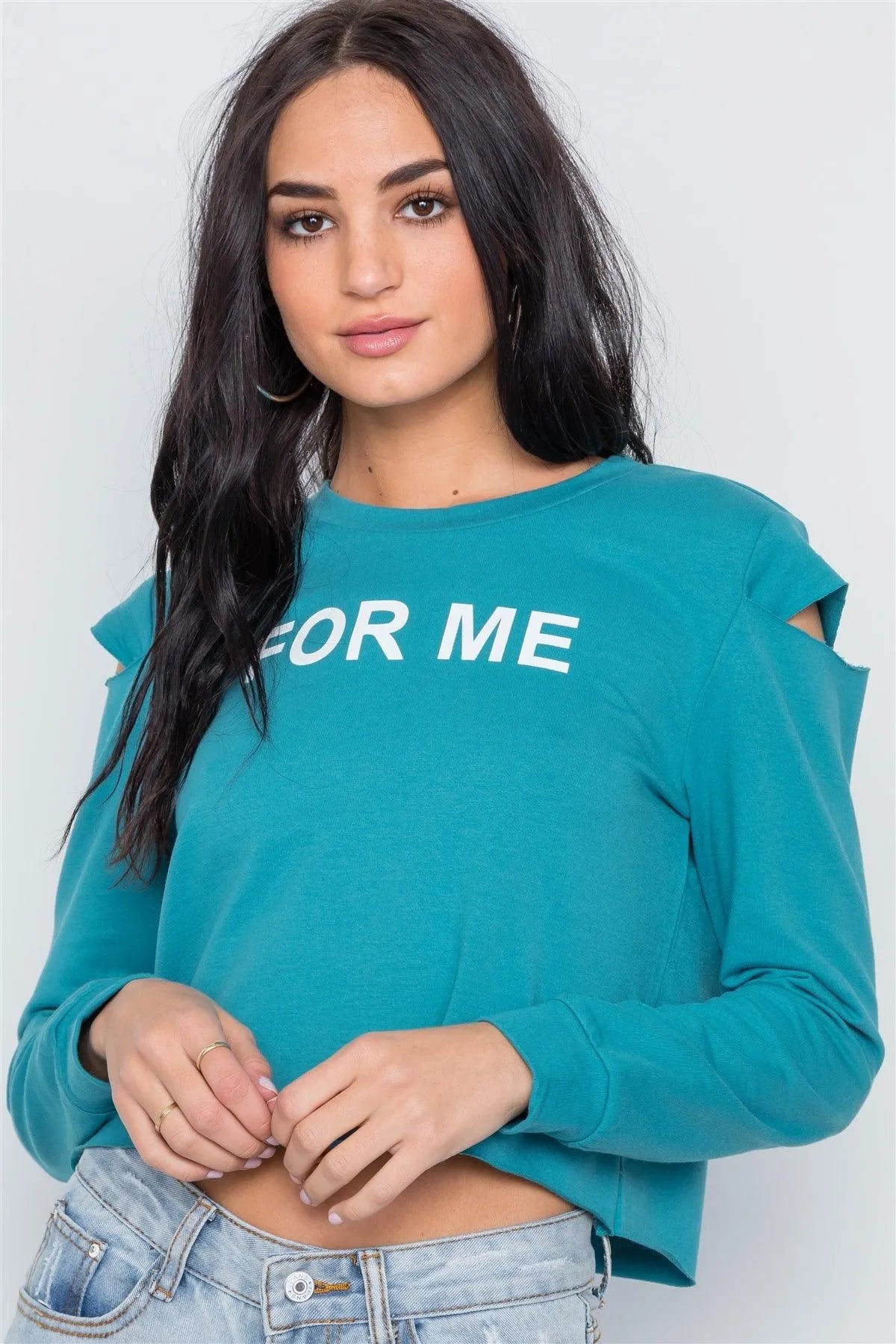 Blue Turquoise Cold Shoulder Long Sleeve Graphic Top /1-2 - Tasha Apparel Wholesale