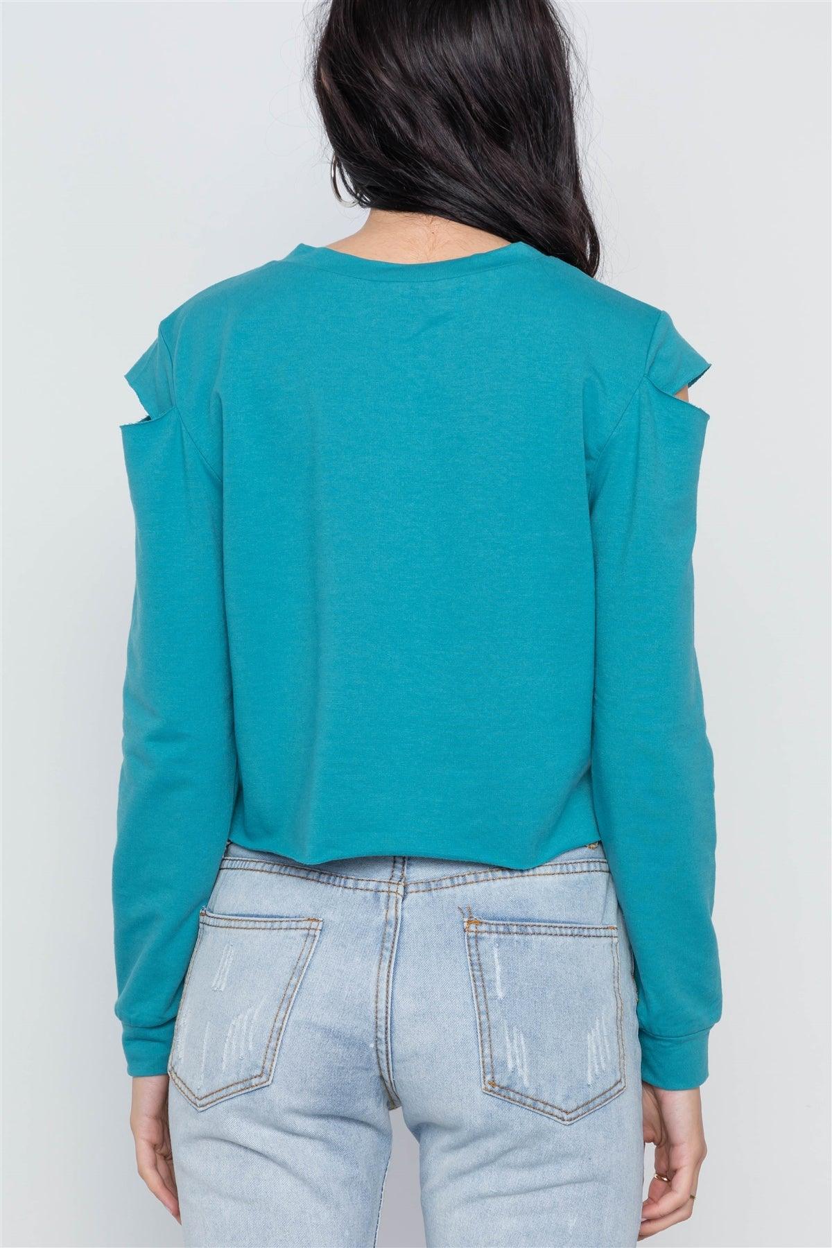 Blue Turquoise Cold Shoulder Long Sleeve Graphic Top /1-2
