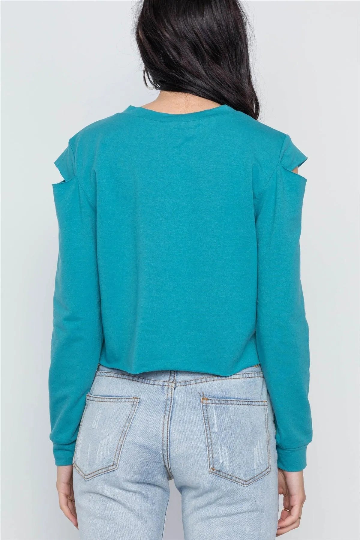 Blue Turquoise Cold Shoulder Long Sleeve Graphic Top /1-2 - Tasha Apparel Wholesale