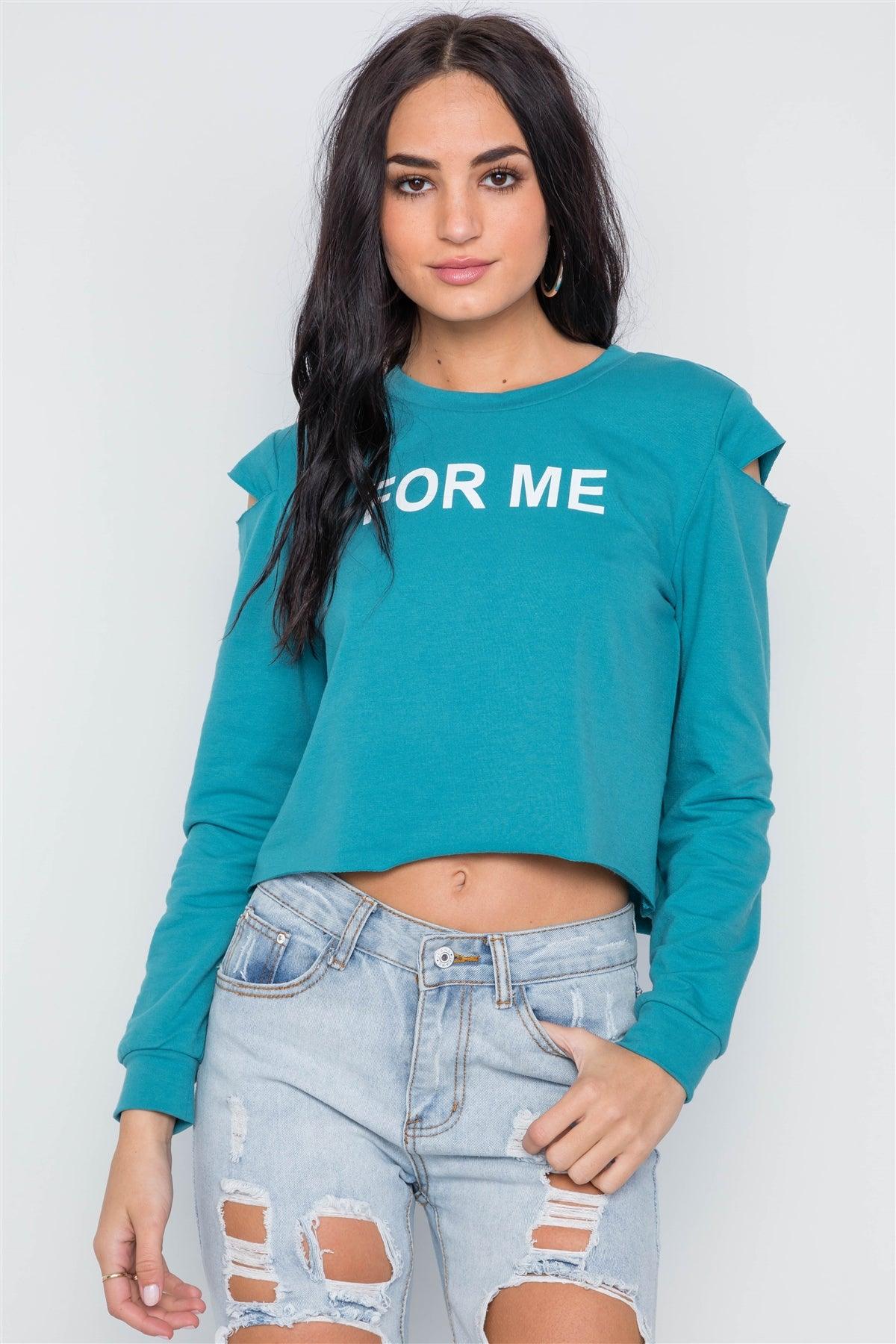 Blue Turquoise Cold Shoulder Long Sleeve Graphic Top /2-2-2