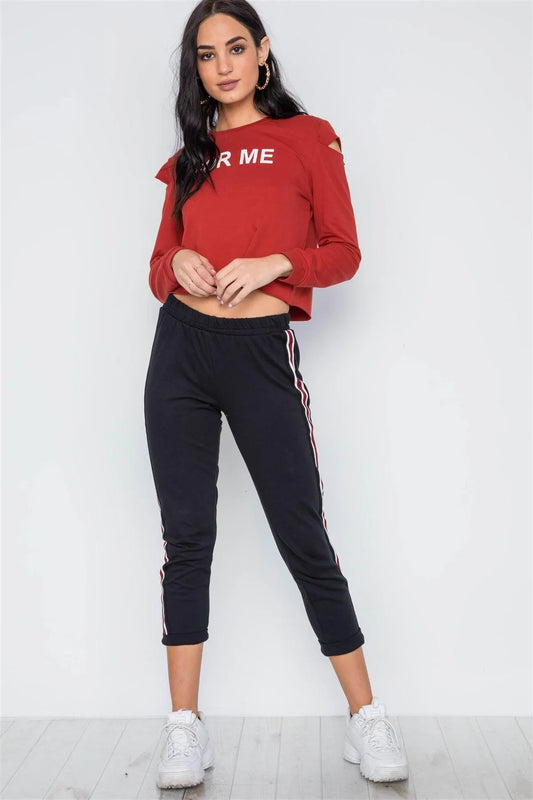 Rust Cold Shoulder Long Sleeve Graphic Top /2-1 - Tasha Apparel Wholesale