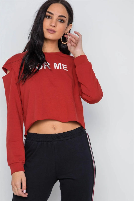 Rust Cold Shoulder Long Sleeve Graphic Top /2-2-2 - Tasha Apparel Wholesale