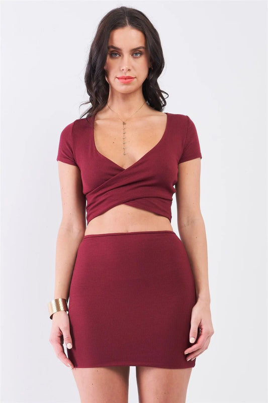 Burgundy Rib Short Sleeve Plunge Neck Wrap Crop Top & High Waisted Fitted Mini Skirt Set /2-2-2 - Tasha Apparel Wholesale