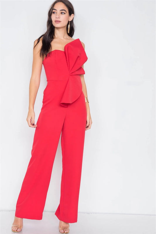 Red Tailored Frill Wide Leg Sleeveless Cocktail Jumpsuit /2-2-1 - Tasha Apparel Wholesale