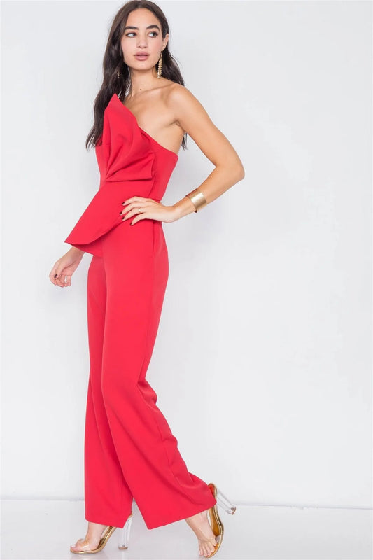 Red Tailored Frill Wide Leg Sleeveless Cocktail Jumpsuit /3-2-1 - Tasha Apparel Wholesale
