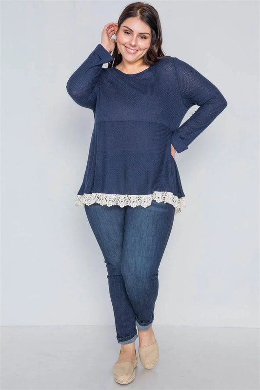 Navy Cream Plus Size Scallop Long Sleeve Top - Tasha Apparel Wholesale
