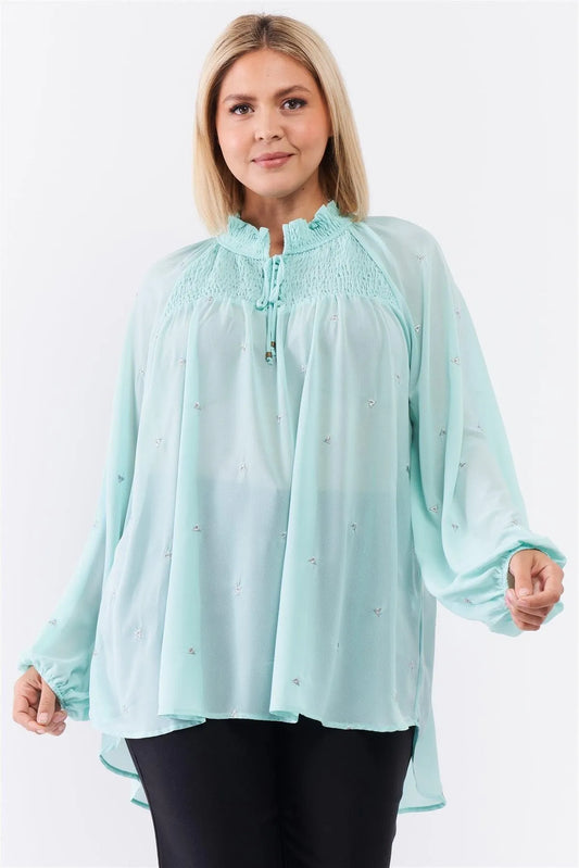 Junior Plus Size Mint Elastic High Neck Sheer Chiffon Blouse /3-2-1 - Tasha Apparel Wholesale