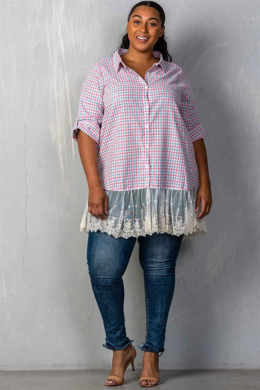 Pink Sky Gingham Lace-Hem Plus Size Top /2-2-1 - Tasha Apparel Wholesale