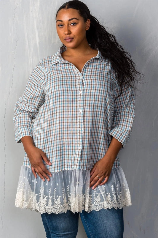 Thyme & Mint Gingham Lace-Hem Plus Size Top /2-2-1 - Tasha Apparel Wholesale