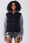 Black & Heather Grey Combo Hooded Long Sleeve Denim Jacket /1-3-4-3-1