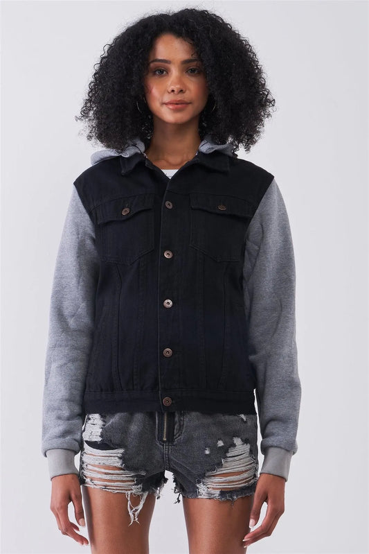 Black & Heather Grey Combo Hooded Long Sleeve Denim Jacket - Tasha Apparel Wholesale
