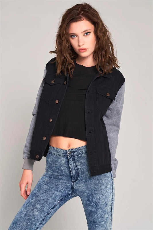 Black & Heather Grey Combo Hooded Long Sleeve Denim Jacket /1-1-2-1 - Tasha Apparel Wholesale
