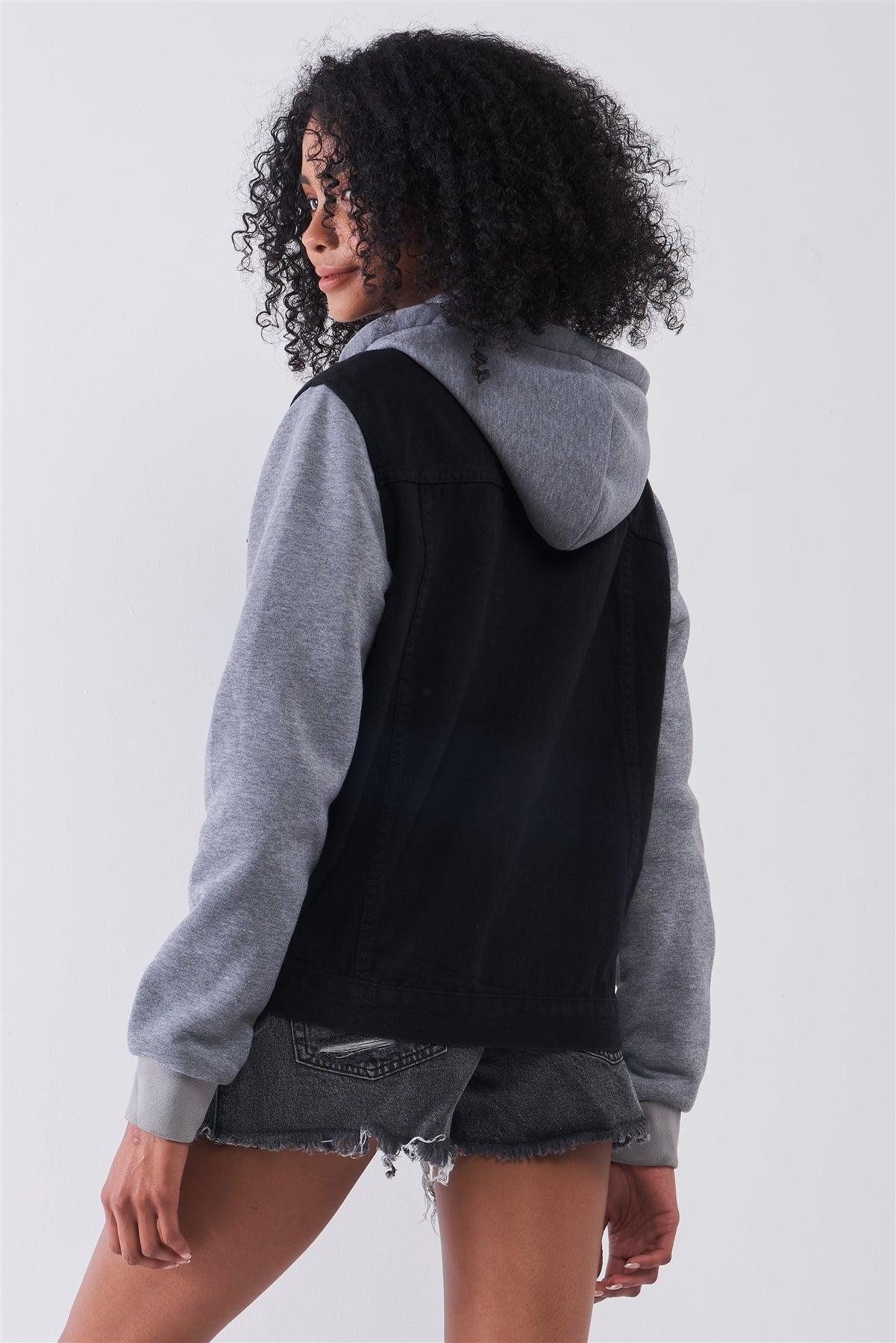 Black & Heather Grey Combo Hooded Long Sleeve Denim Jacket /1-1-2-1
