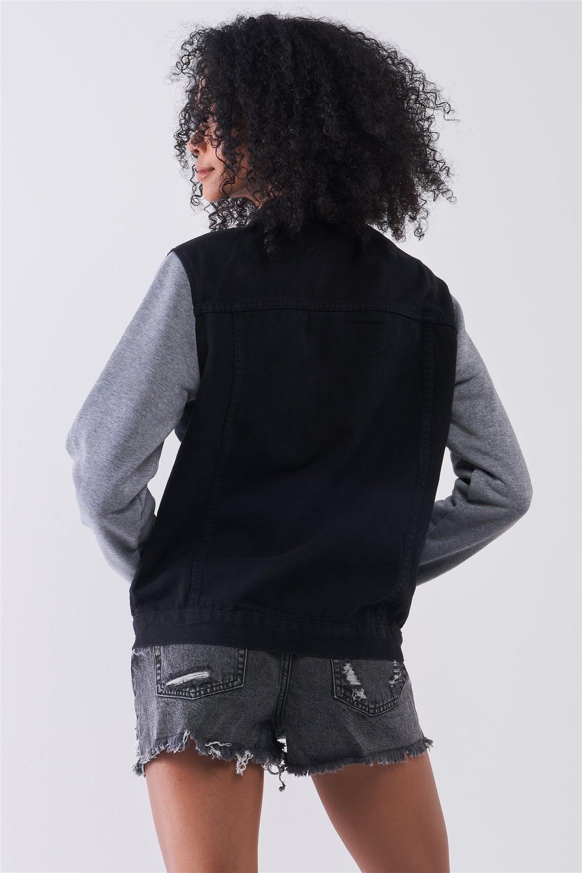 Black & Heather Grey Combo Hooded Long Sleeve Denim Jacket /1-1-2-1