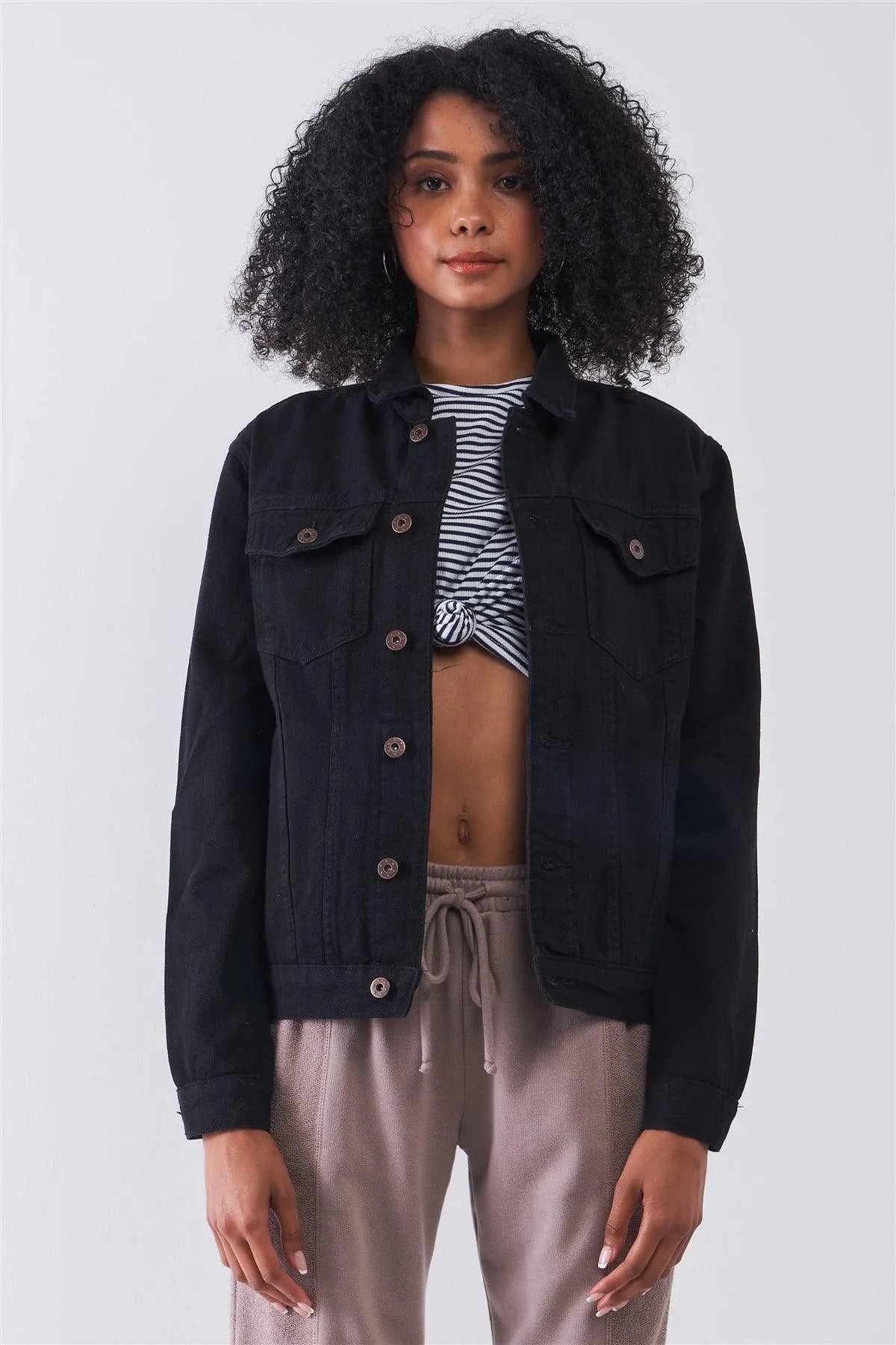 Black Oversized Long Sleeve Classic Denim Jacket /1-2-3-3-2 - Tasha Apparel Wholesale
