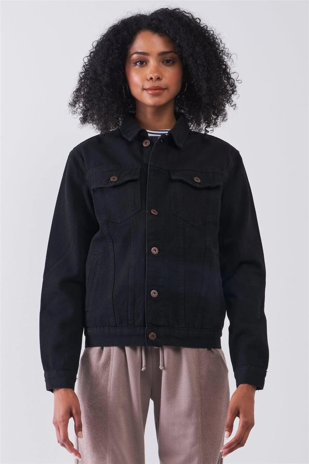 Black Oversized Long Sleeve Classic Denim Jacket /1-2-3-3-2 - Tasha Apparel Wholesale