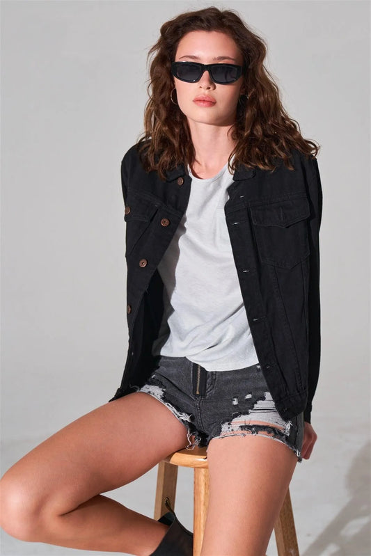 Black Oversized Long Sleeve Classic Denim Jacket /1-1-2-1 - Tasha Apparel Wholesale