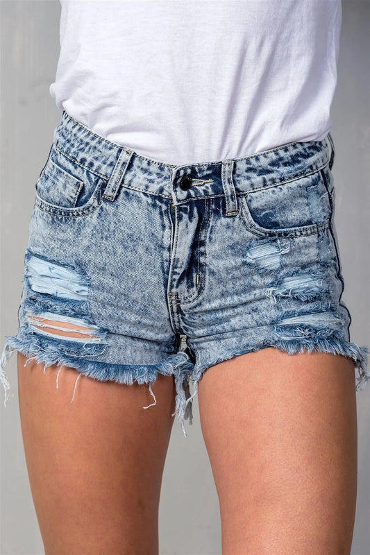 Acid Washed Denim Distressed Frayed Hem Shorts /1-2-2-1 - Tasha Apparel Wholesale