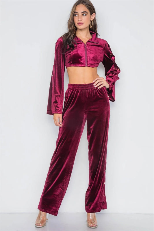 Burgundy Velvet Two Piece Crop Top & Pants Set /2-2-2 - Tasha Apparel Wholesale