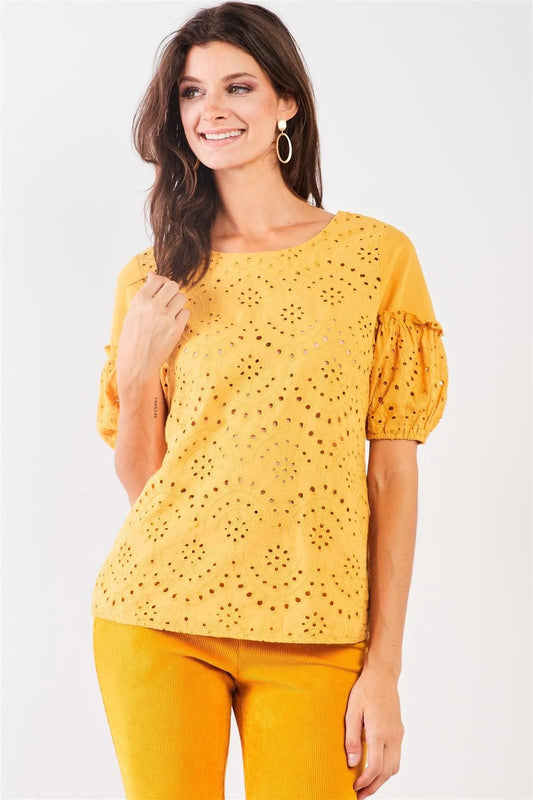 Mustard Yellow Eyelet Crochet Embroidery Front Short Puff Sleeve Detail Round Neck Relaxed Top /2-3 - Tasha Apparel Wholesale