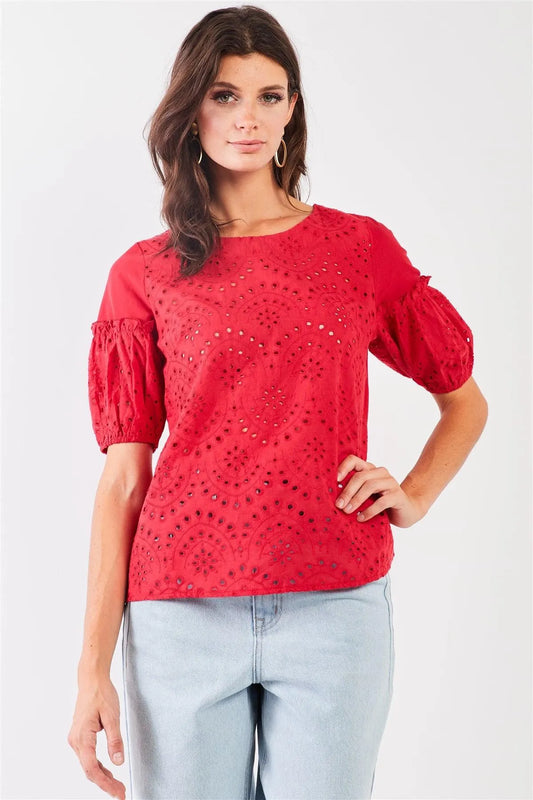 Crochet Embroidery Front Puff Sleeve Round Neck Top - Tasha Apparel Wholesale