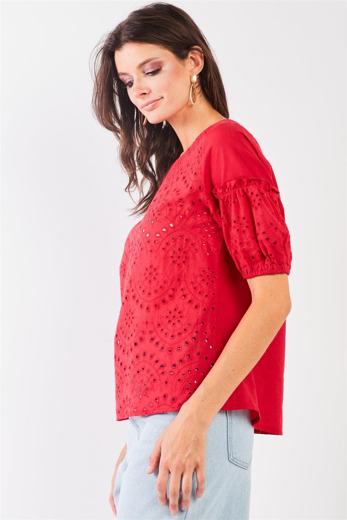 Red Eyelet Crochet Embroidery Front Short Puff Sleeve Detail Round Neck Relaxed Top