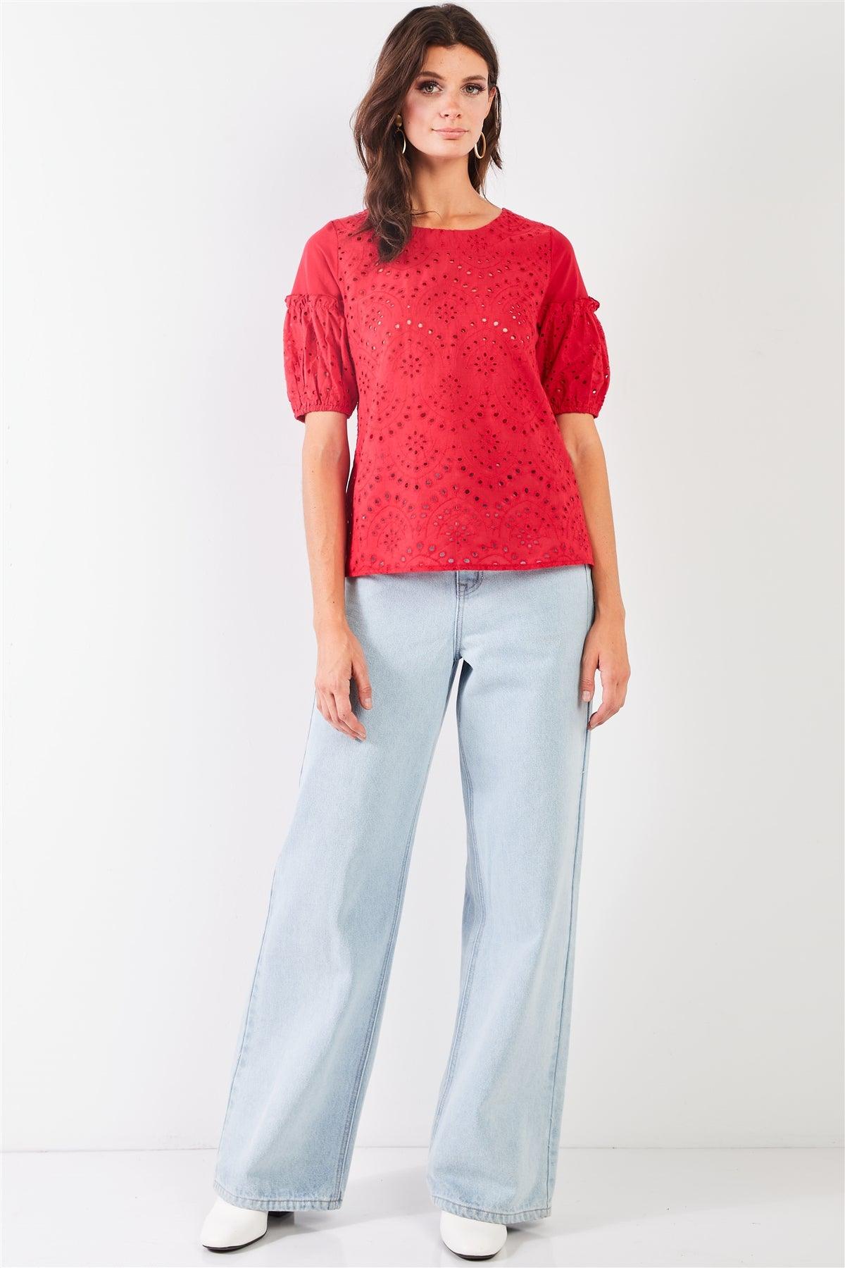 Red Eyelet Crochet Embroidery Front Short Puff Sleeve Detail Round Neck Relaxed Top