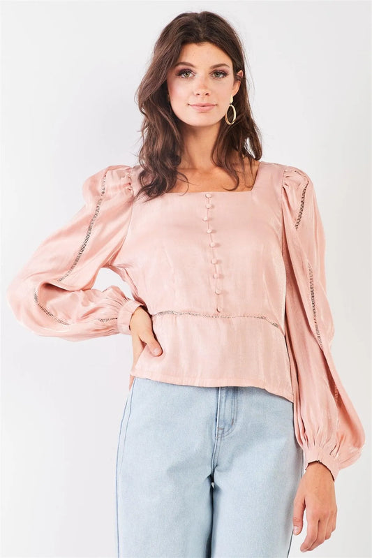 Blush Glossy Chiffon Square Neck Long Bishop Sleeve Mock Button Down Top /2-2-2 - Tasha Apparel Wholesale