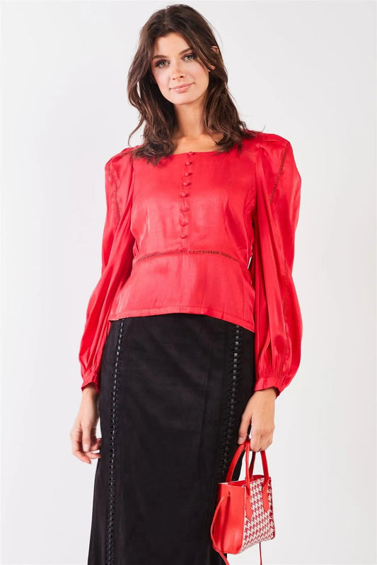 Red Glossy Chiffon Square Neck Long Bishop Sleeve Mock Button Down Top - Tasha Apparel Wholesale