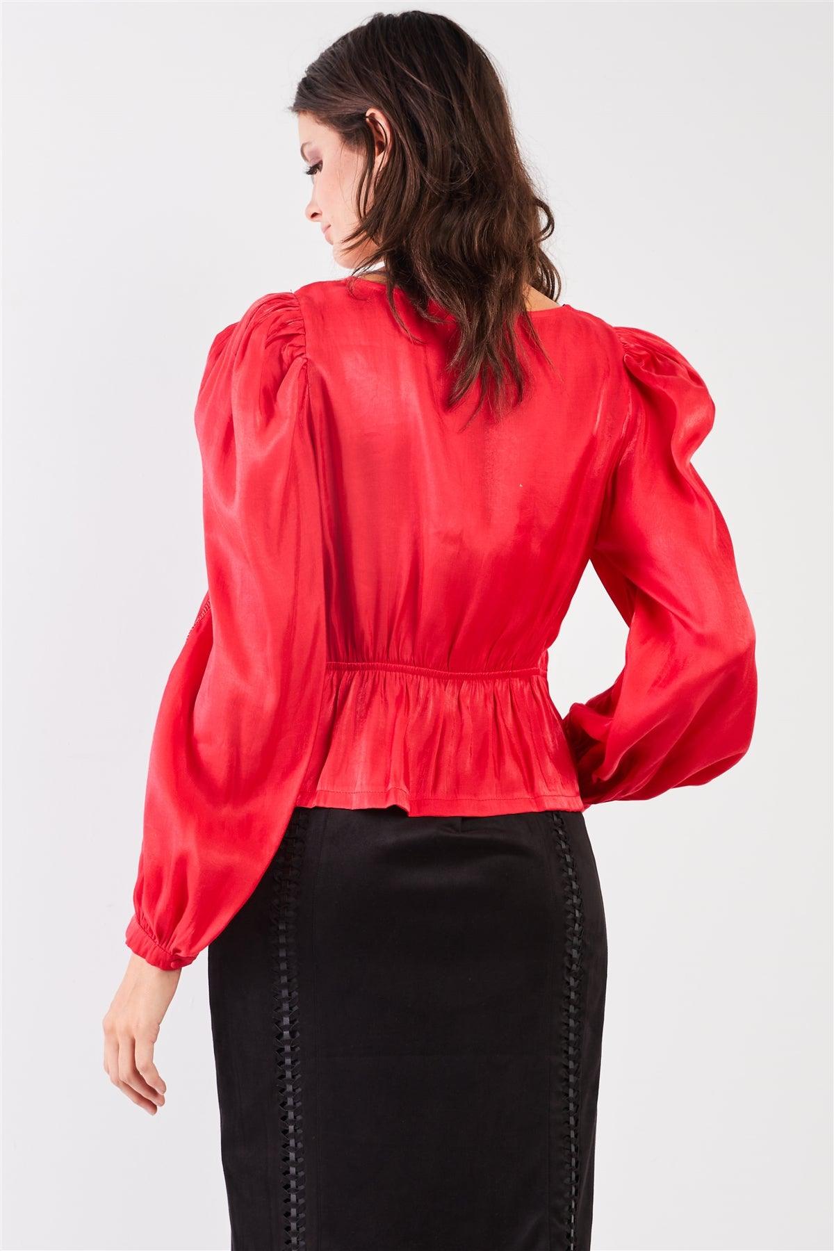 Red Glossy Chiffon Square Neck Long Bishop Sleeve Mock Button Down Top