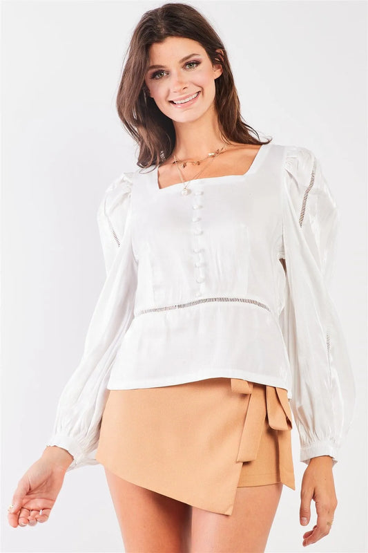 White Glossy Chiffon Square Neck Long Bishop Sleeve Mock Button Down Top /2-2-2 - Tasha Apparel Wholesale