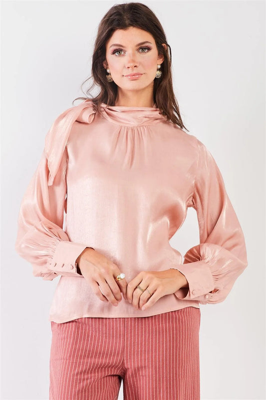 El Mirage Blush Chiffon Bishop Sleeve Tie-Neck Blouse Top /2-2-2 - Tasha Apparel Wholesale