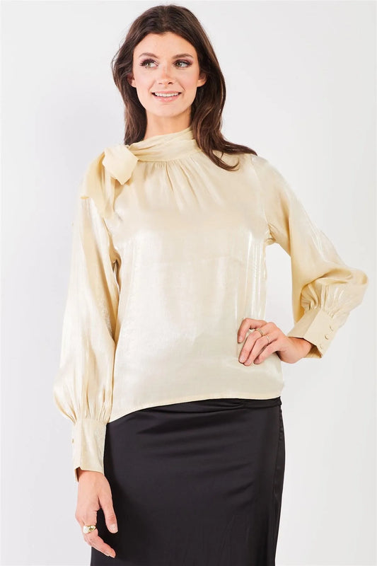 El Mirage Cream Chiffon Bishop Sleeve Tie-Neck Blouse Top /2-2-2 - Tasha Apparel Wholesale