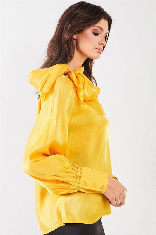 El Mirage Yellow Chiffon Bishop Sleeve Tie-Neck Blouse Top /2-2-2 - Tasha Apparel Wholesale