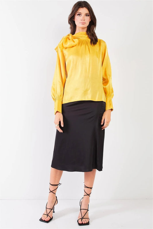 El Mirage Yellow Chiffon Bishop Sleeve Tie-Neck Blouse Top /1-3-2 - Tasha Apparel Wholesale