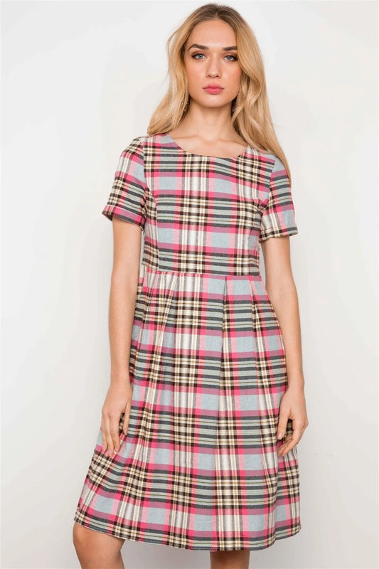 Multi Pink Plaid Short Sleeve Boho Dress /2-2-2 - Tasha Apparel Wholesale