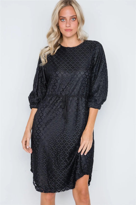 Black 3/4 Sleeve Patterned Lace Shift Dress /3-2-1 - Tasha Apparel Wholesale