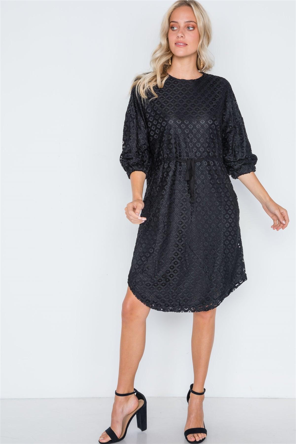 Black 3/4 Sleeve Patterned Lace Shift Dress /3-2-1