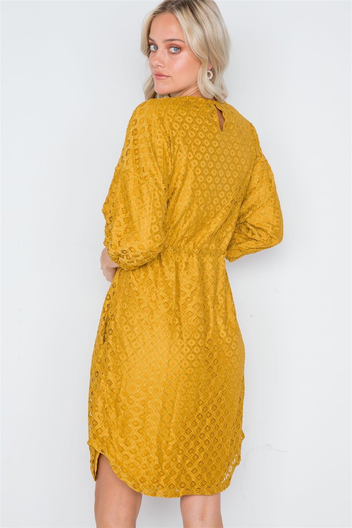 Mustard 3/4 Sleeve Patterned Lace Shift Dress /3-2-1