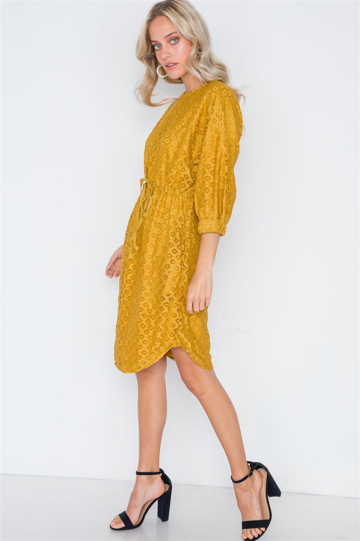Mustard 3/4 Sleeve Patterned Lace Shift Dress /3-2-1